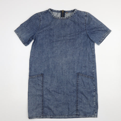 Topshop Women Blue Denim Shift Dress Size 10 Short Sleeve Knee Length