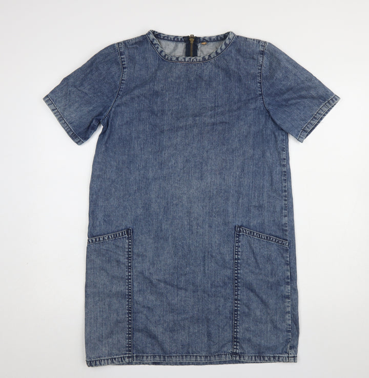 Topshop Women Blue Denim Shift Dress Size 10 Short Sleeve Knee Length