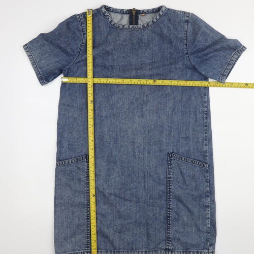 Topshop Women Blue Denim Shift Dress Size 10 Short Sleeve Knee Length