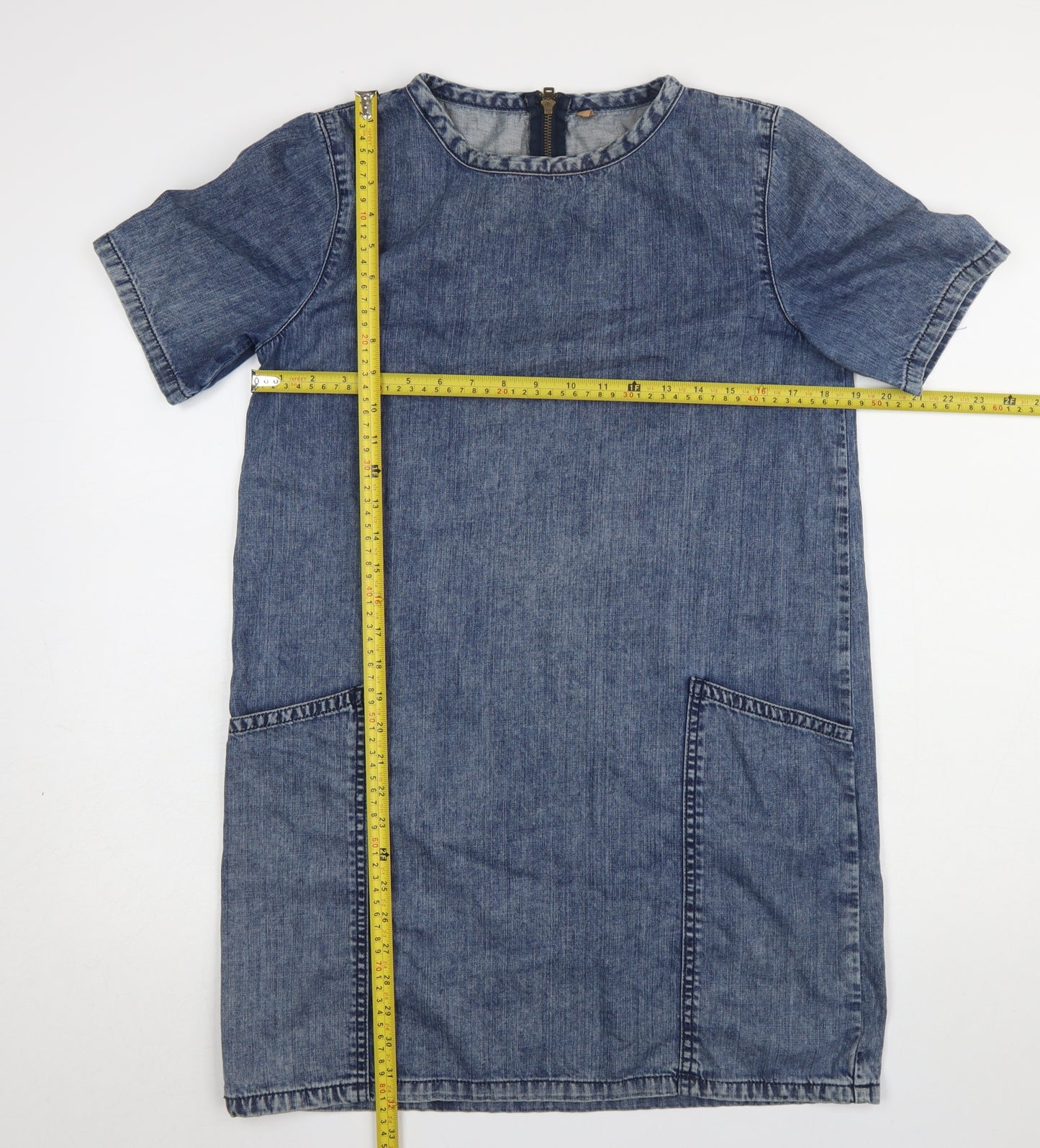 Topshop Women Blue Denim Shift Dress Size 10 Short Sleeve Knee Length