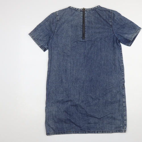 Topshop Women Blue Denim Shift Dress Size 10 Short Sleeve Knee Length