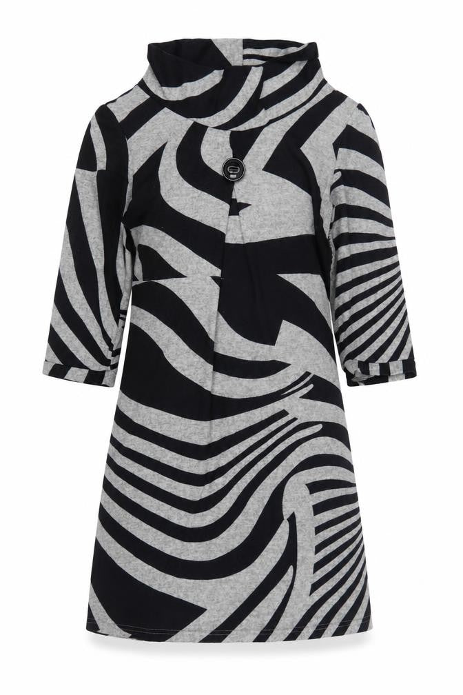 Front view of Stella Morgan Women’s Black Grey Geometric Shift Dress, size UK 8