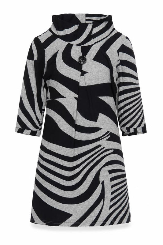 Front view of Stella Morgan Women’s Black Grey Geometric Shift Dress, size UK 8