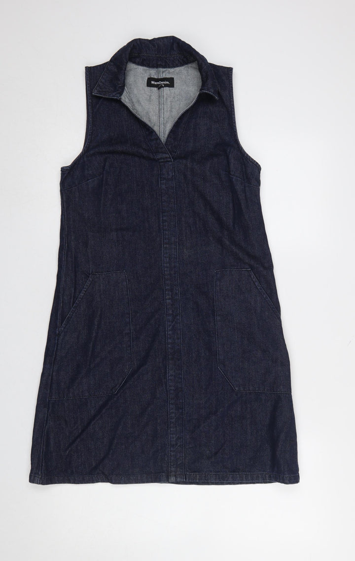 Warehouse Women Blue Denim Shirt Dress UK 8 Sleeveless Collared