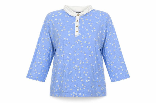 Front view of Paco Boutique Women Blue Floral Cotton Button-Up Shirt, size 16