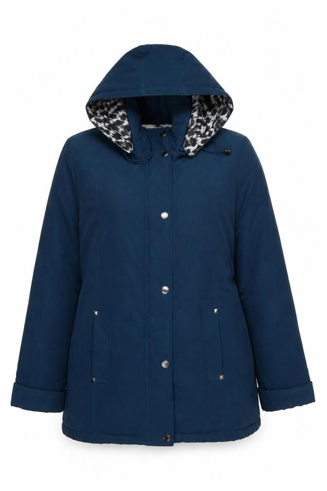 Front view of Finesse women’s blue hooded mid-length parka jacket, size UK 14