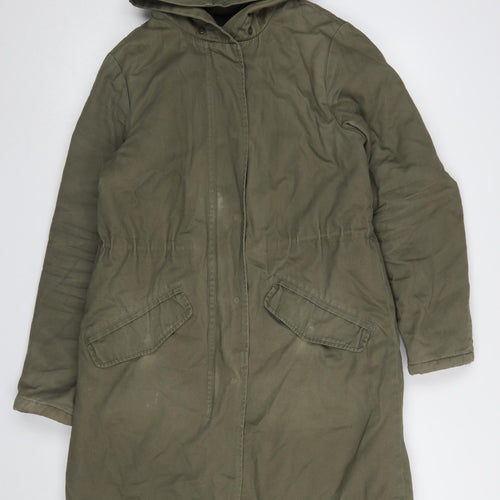 New Look Women’s Green Hooded Parka Coat Size 10 Long Twill Cotton Blend
