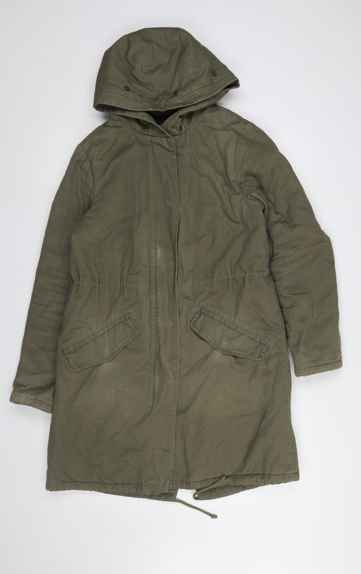 New Look Women’s Green Hooded Parka Coat Size 10 Long Twill Cotton Blend