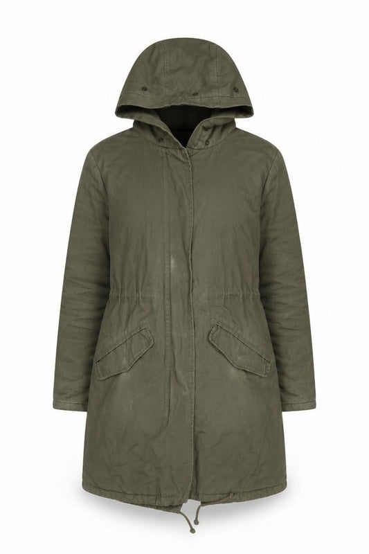 Front view of New Look Women’s Green Hooded Parka Coat, size UK 10, Long Twill Cotton Blend