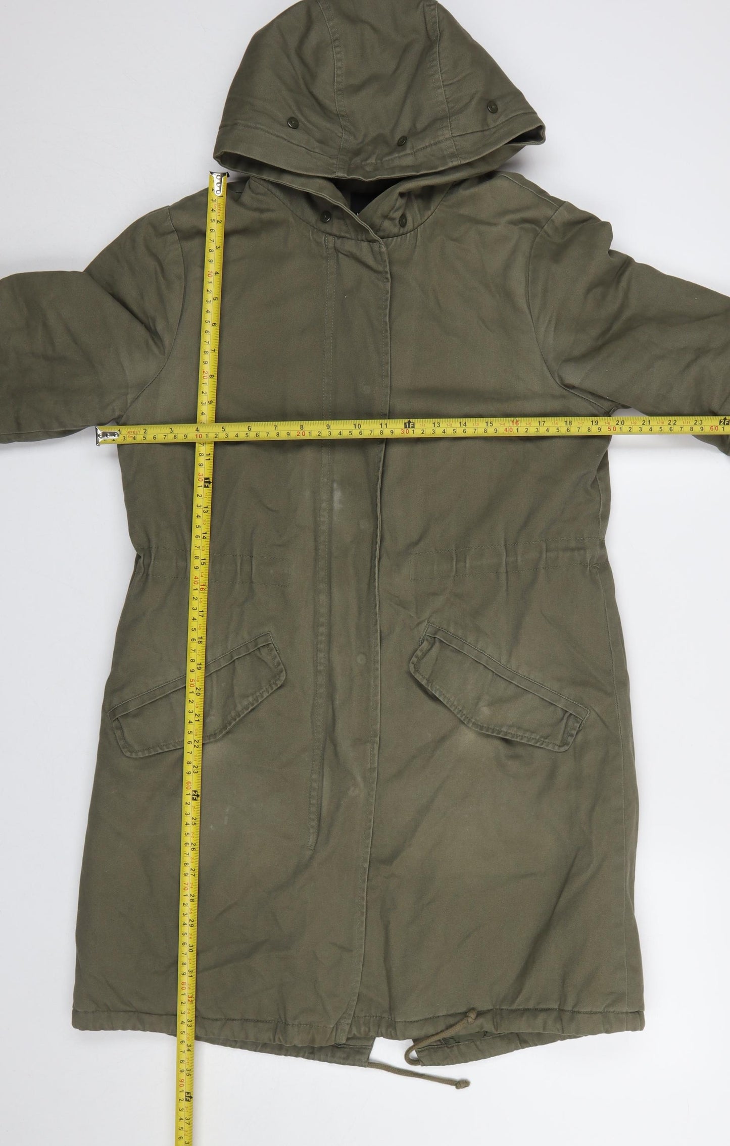 New Look Women’s Green Hooded Parka Coat Size 10 Long Twill Cotton Blend