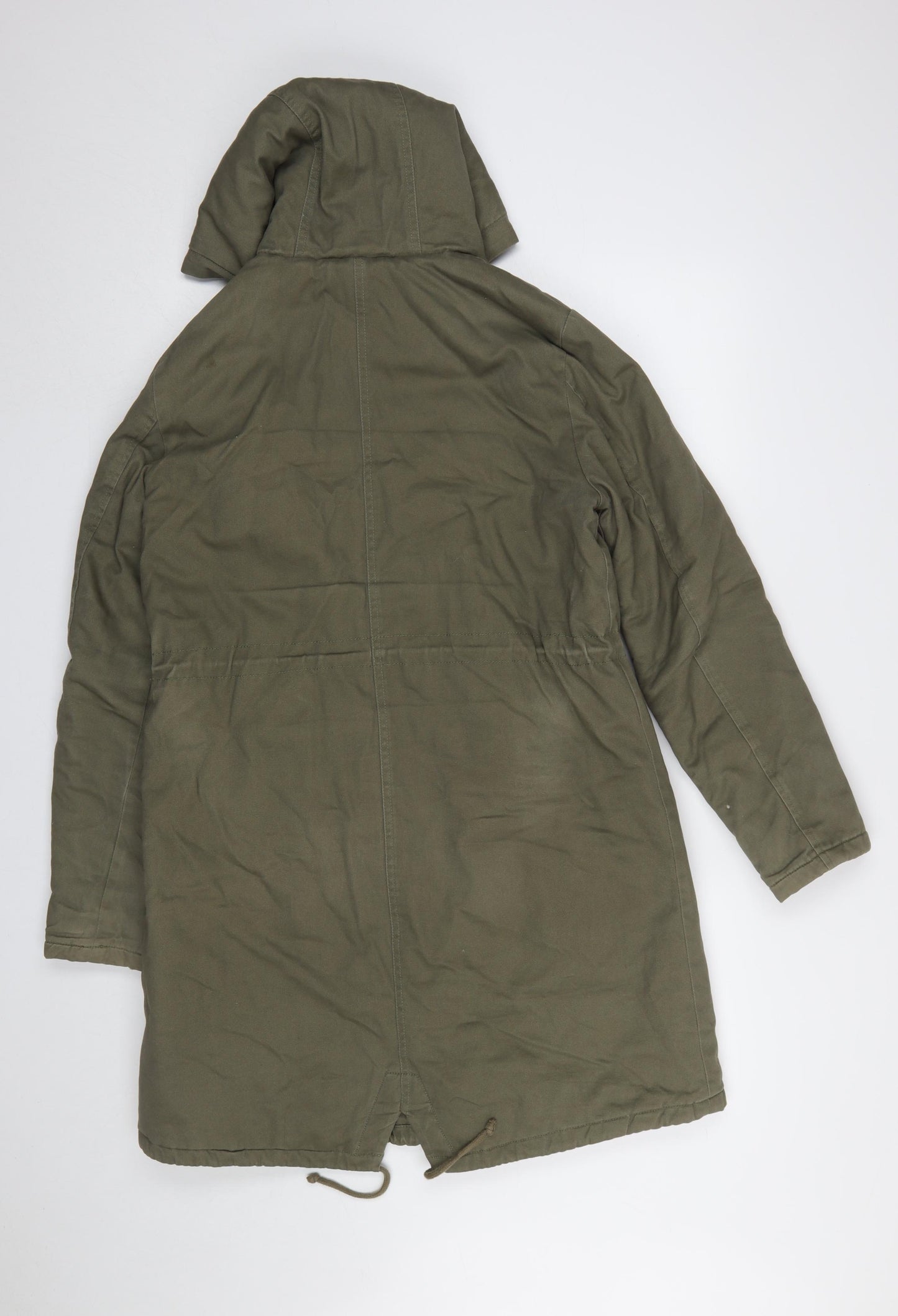 New Look Women’s Green Hooded Parka Coat Size 10 Long Twill Cotton Blend