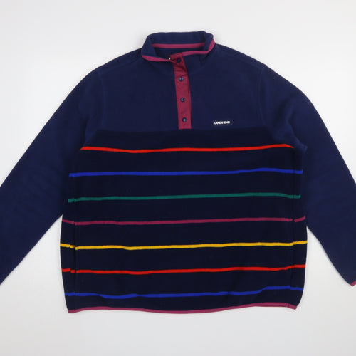 Lands' End Men's Blue Striped Fleece Henley Sweatshirt XL