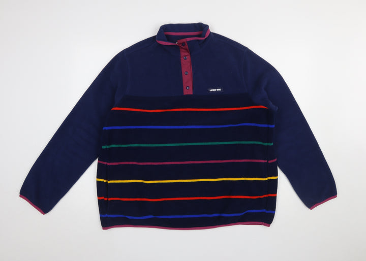 Lands' End Men's Blue Striped Fleece Henley Sweatshirt XL