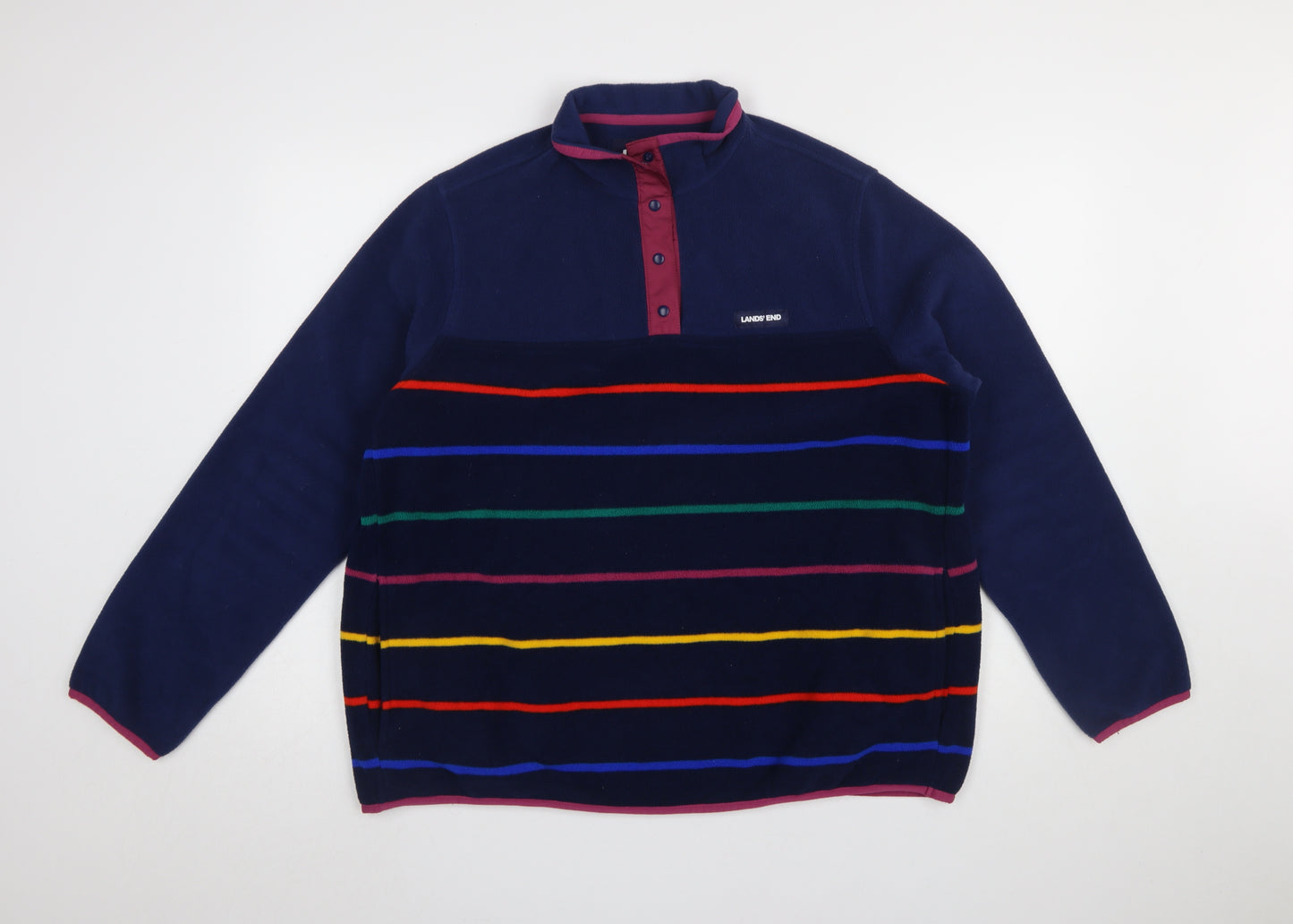 Lands' End Men's Blue Striped Fleece Henley Sweatshirt XL