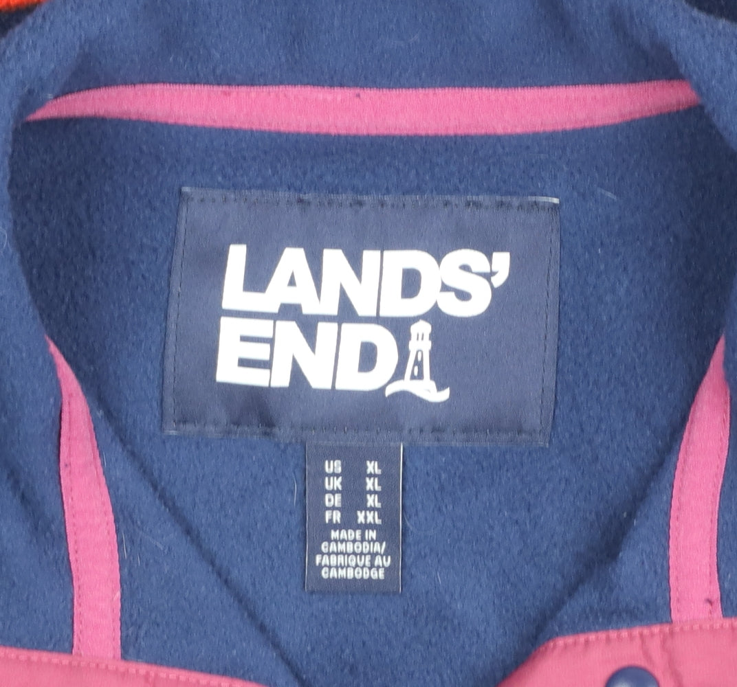 Lands' End Men's Blue Striped Fleece Henley Sweatshirt XL