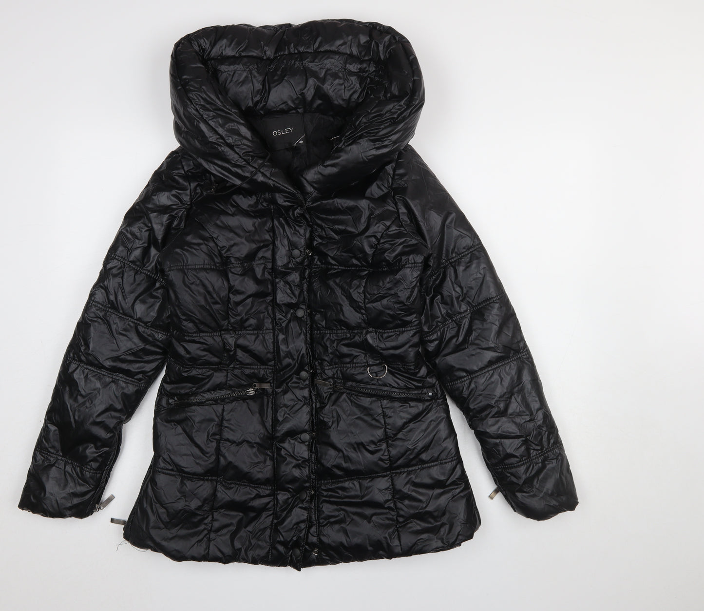 Osley Womens Black Hooded Mid-Length Puffer Jacket Size 10