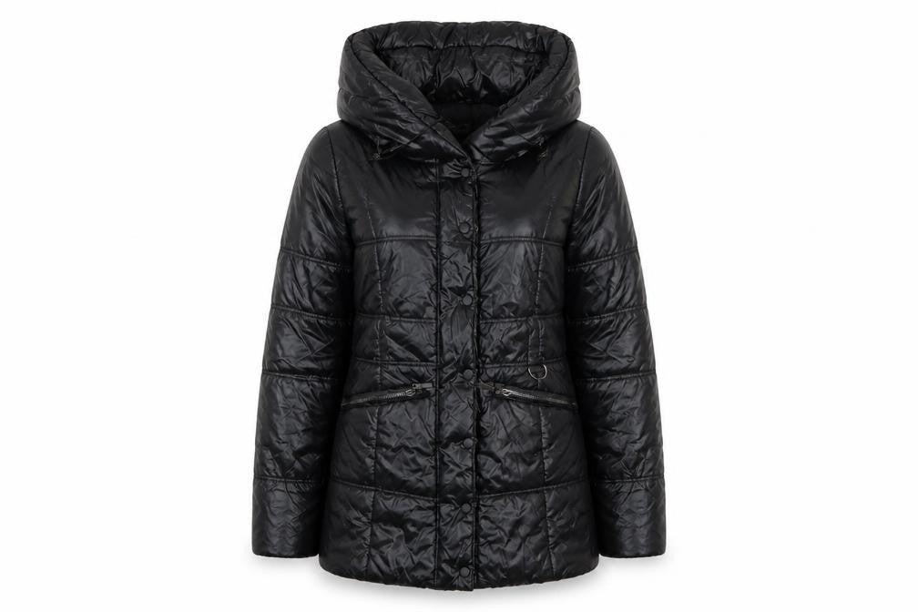 Front view of Osley women’s black hooded mid-length puffer jacket, size UK 10