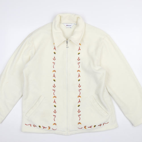 Damart Women’s Ivory Embroidered Fleece Jacket Size 12 Classic Zip Up