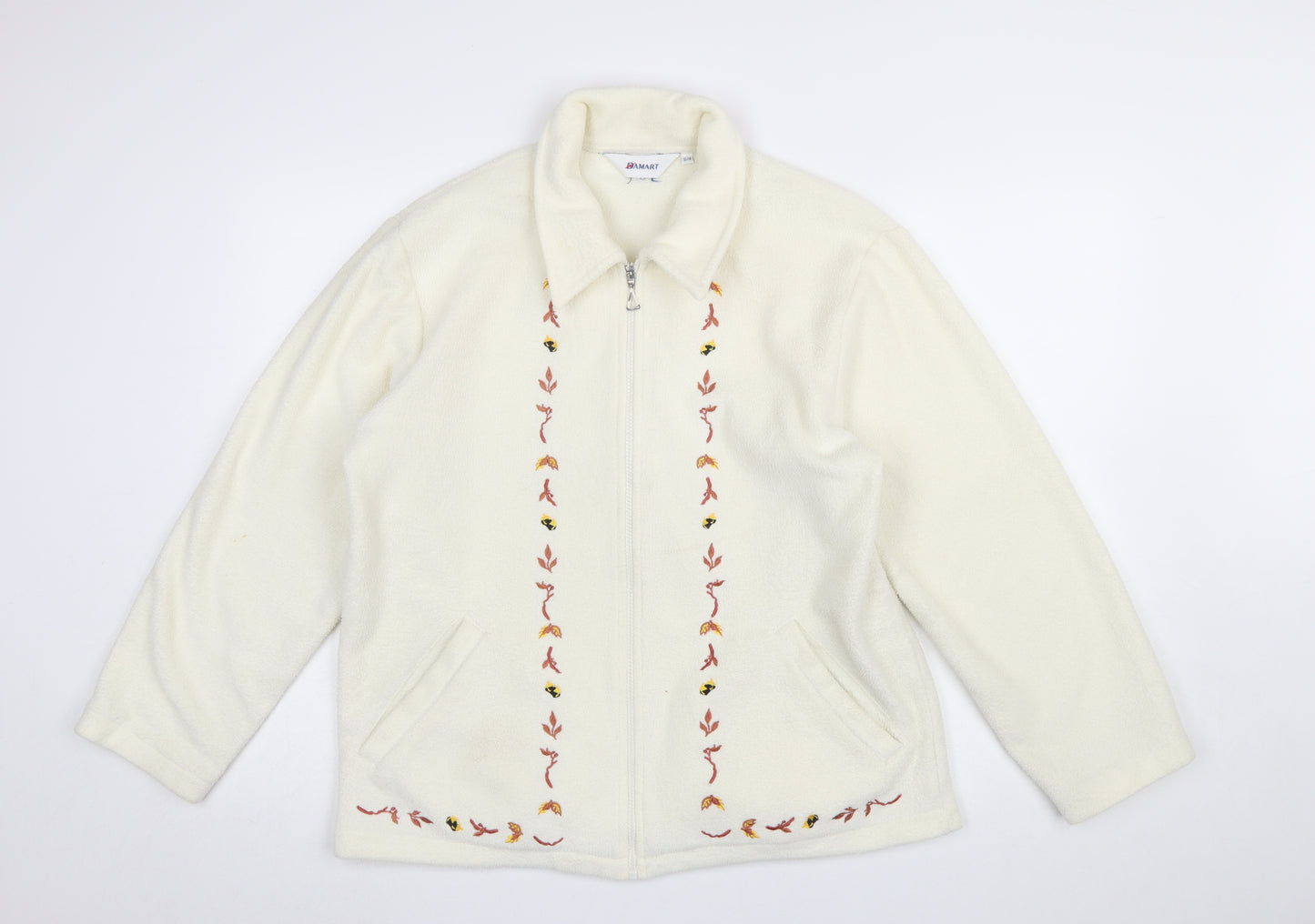 Damart Women’s Ivory Embroidered Fleece Jacket Size 12 Classic Zip Up