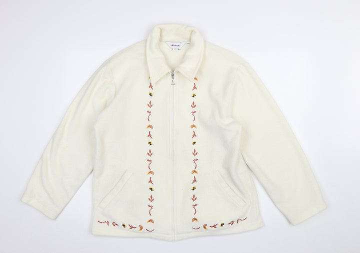 Damart Women’s Ivory Embroidered Fleece Jacket Size 12 Classic Zip Up