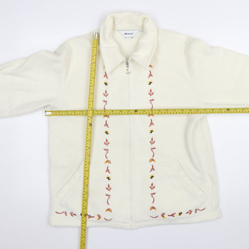 Damart Women’s Ivory Embroidered Fleece Jacket Size 12 Classic Zip Up