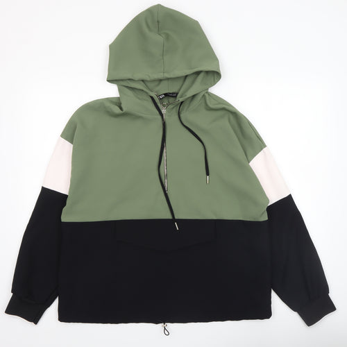 Zara Women Green Colourblock Half Zip Hooded Sweatshirt Size 12