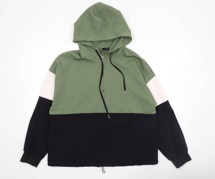 Zara Women Green Colourblock Half Zip Hooded Sweatshirt Size 12