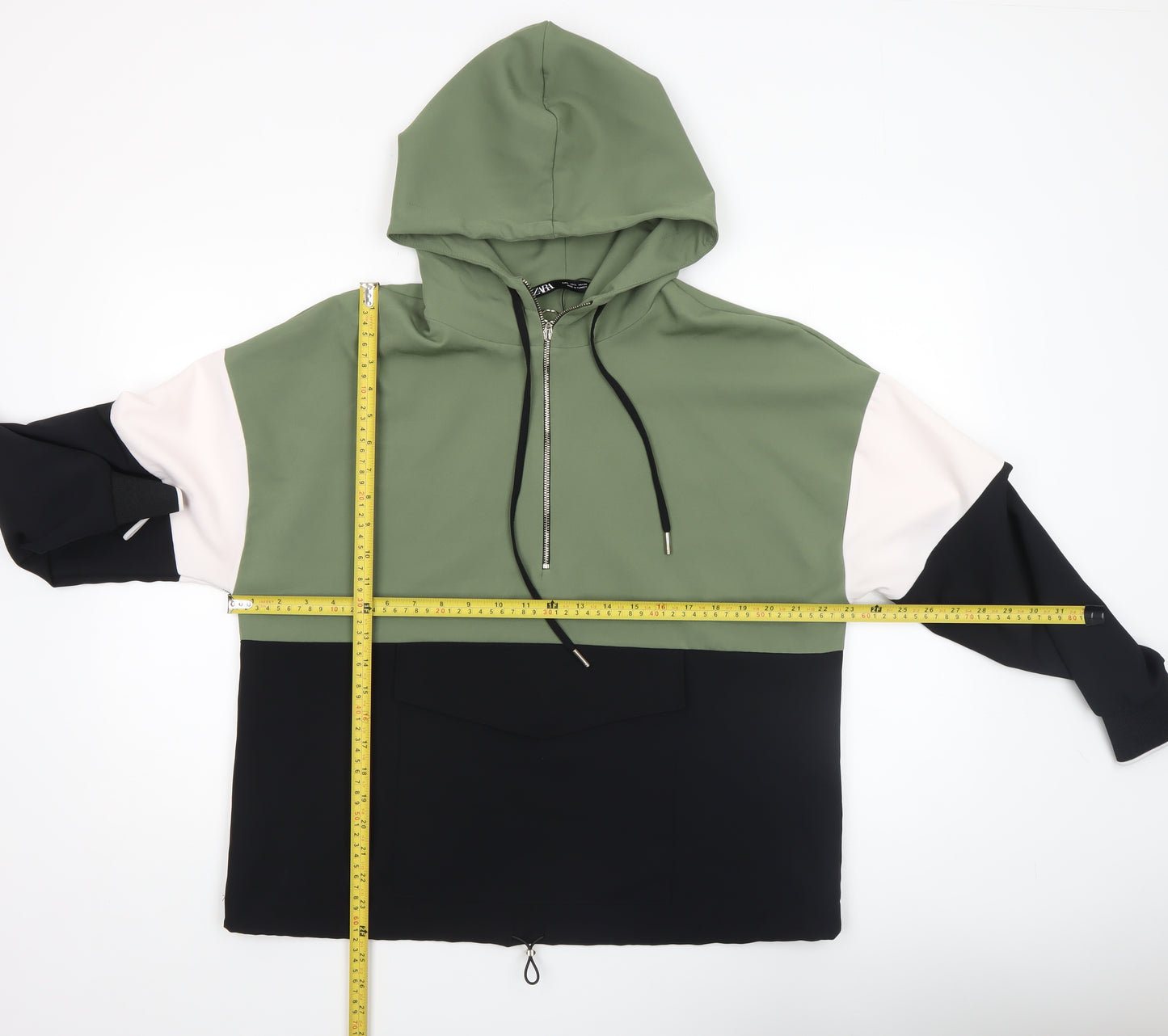 Zara Women Green Colourblock Half Zip Hooded Sweatshirt Size 12