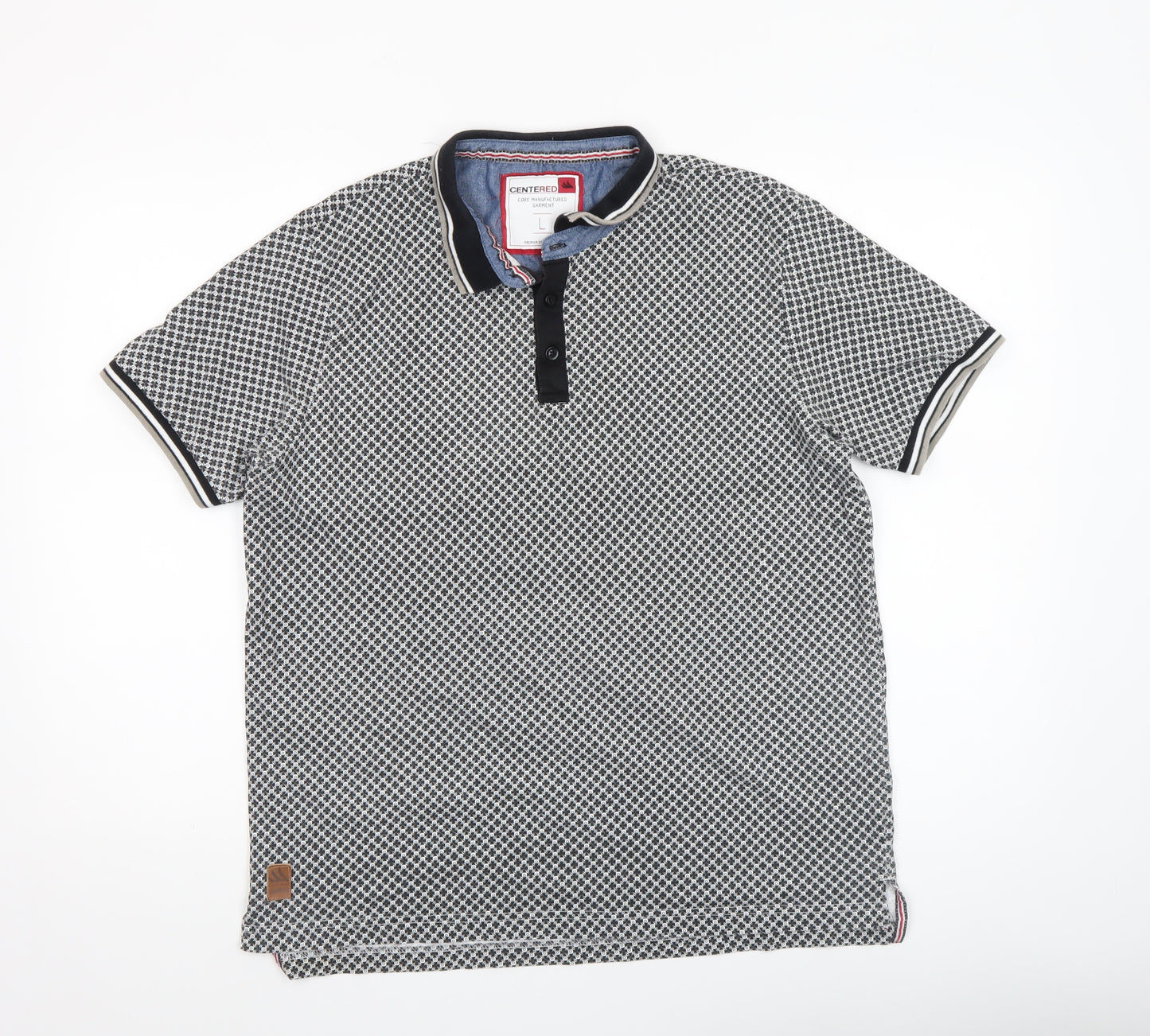 CENTERED Mens Black Geometric Cotton Polo Shirt Size L