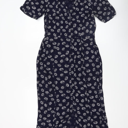 Fat Face Women Blue Floral Midi V-Neck Shirt Dress Size 8