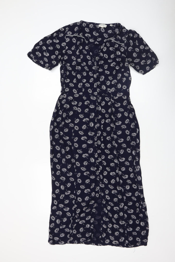 Fat Face Women Blue Floral Midi V-Neck Shirt Dress Size 8