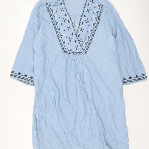 H&M Women Blue Embroidered Kaftan Dress Size 8 Boho Lightweight