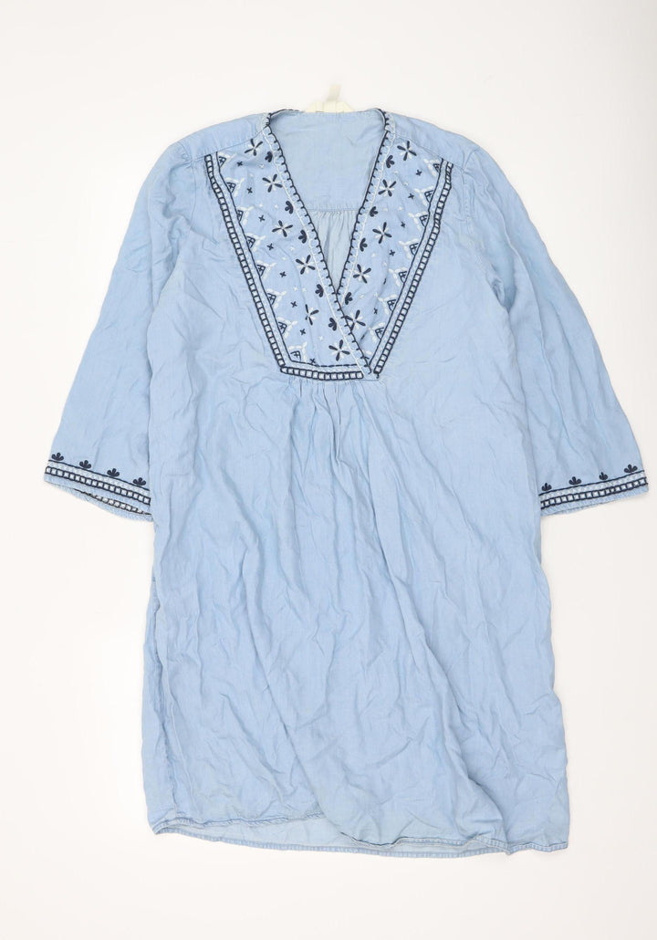 H&M Women Blue Embroidered Kaftan Dress Size 8 Boho Lightweight