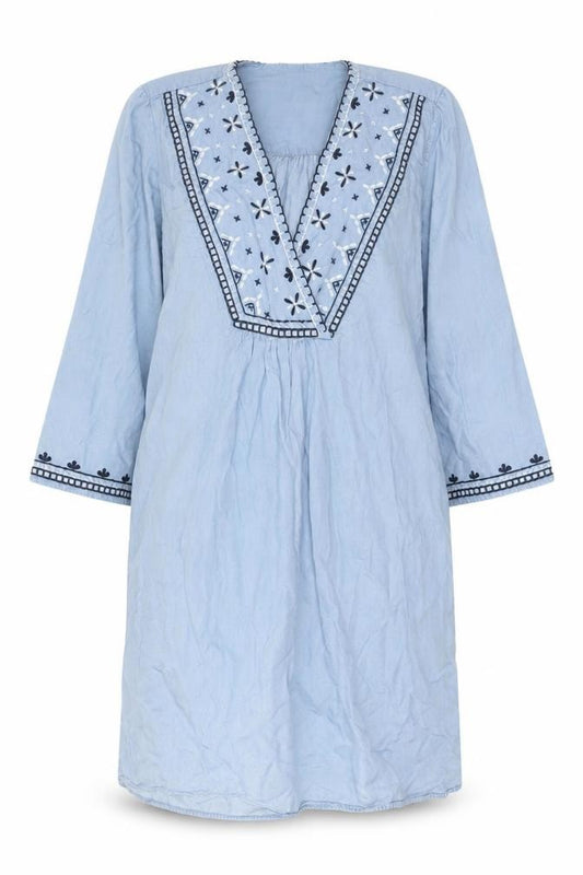 Front view of H&M Women Blue Embroidered Kaftan Dress, size 8, Boho Lightweight