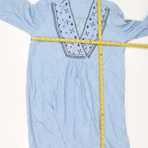 H&M Women Blue Embroidered Kaftan Dress Size 8 Boho Lightweight