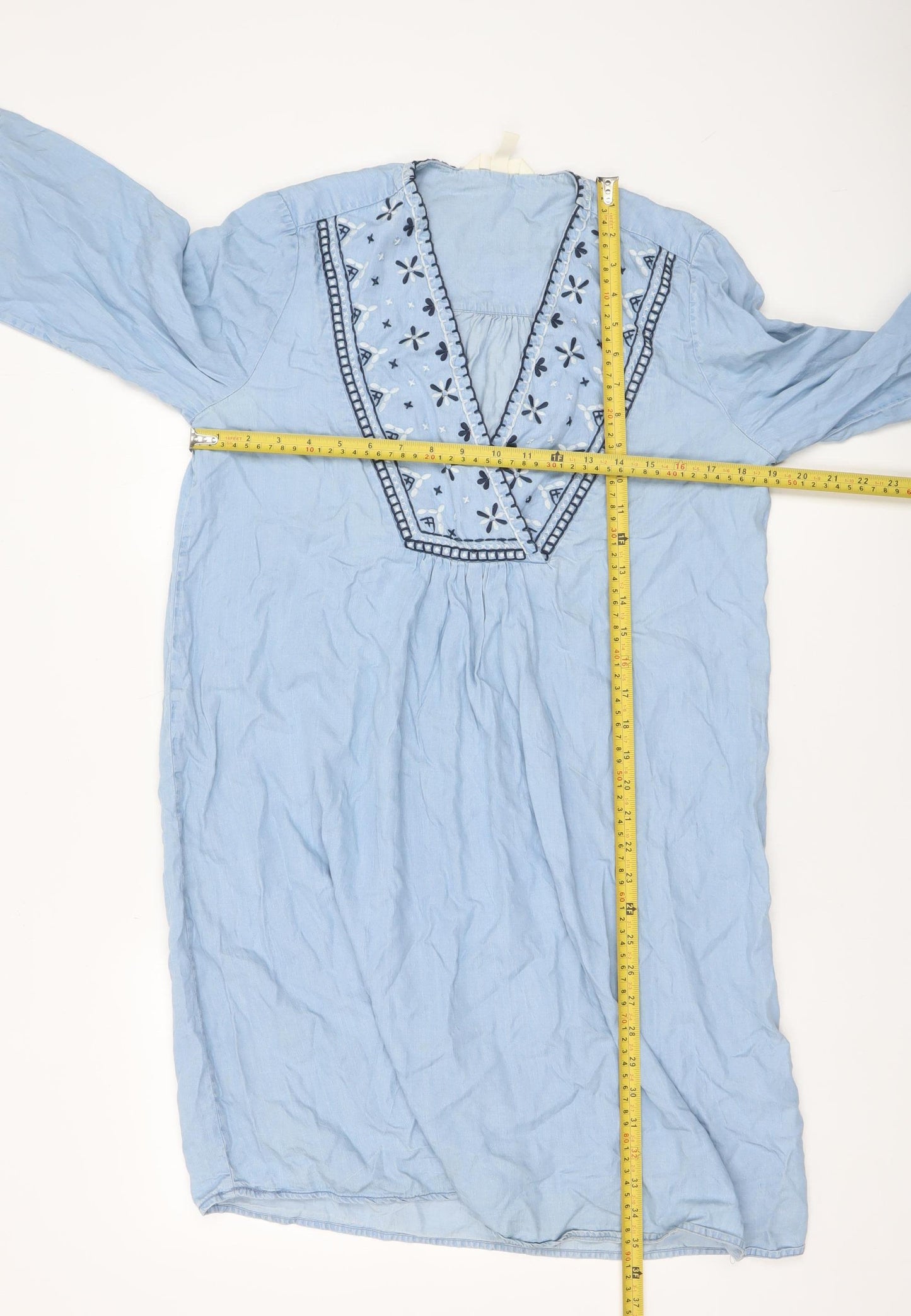 H&M Women Blue Embroidered Kaftan Dress Size 8 Boho Lightweight