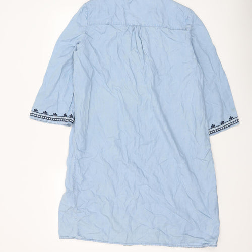 H&M Women Blue Embroidered Kaftan Dress Size 8 Boho Lightweight