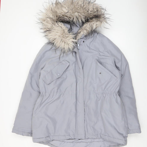 H&M Womens Grey Faux Fur Hooded Parka Jacket Size 8