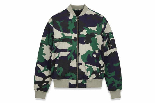 Front view of WESC women’s green camouflage bomber jacket, size M, cotton nylon
