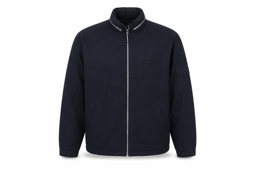 Front view of Next Men's Black Bomber Jacket, size M, Full Zip Cotton Blend