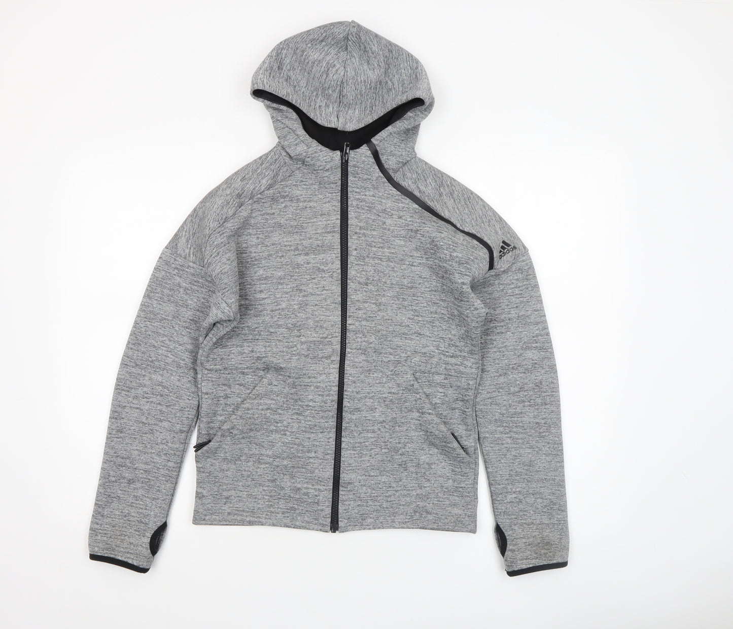 Adidas Boys Grey Full Zip Hoodie Size 11-12 Years - Athletic Hooded Sweatshirt