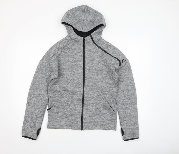 Adidas Boys Grey Full Zip Hoodie Size 11-12 Years - Athletic Hooded Sweatshirt