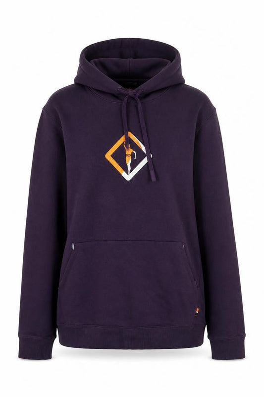 Front view of Ronhill women’s purple hoodie, size UK 16, pullover fleece lined
