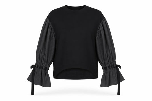 Front view of ASOS women’s black contrast sleeve tunic blouse, size UK 6