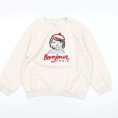 Zara Girls Beige Bonjour Paris Embroidered Pullover Sweatshirt Size 10 Years