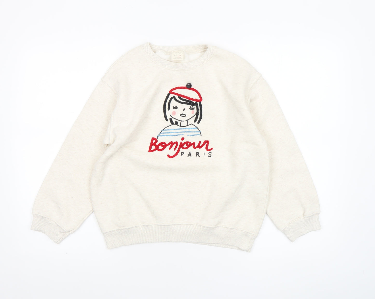 Zara Girls Beige Bonjour Paris Embroidered Pullover Sweatshirt Size 10 Years