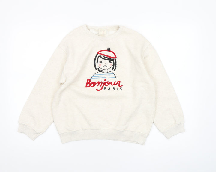 Zara Girls Beige Bonjour Paris Embroidered Pullover Sweatshirt Size 10 Years