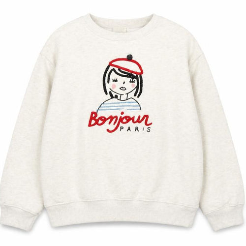 Zara Girls Beige Bonjour Paris Embroidered Pullover Sweatshirt Size 10 Years