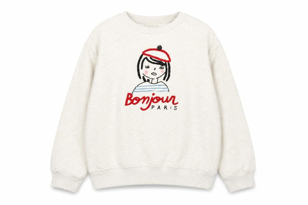 Zara Girls Beige Bonjour Paris Embroidered Pullover Sweatshirt Size 10 Years