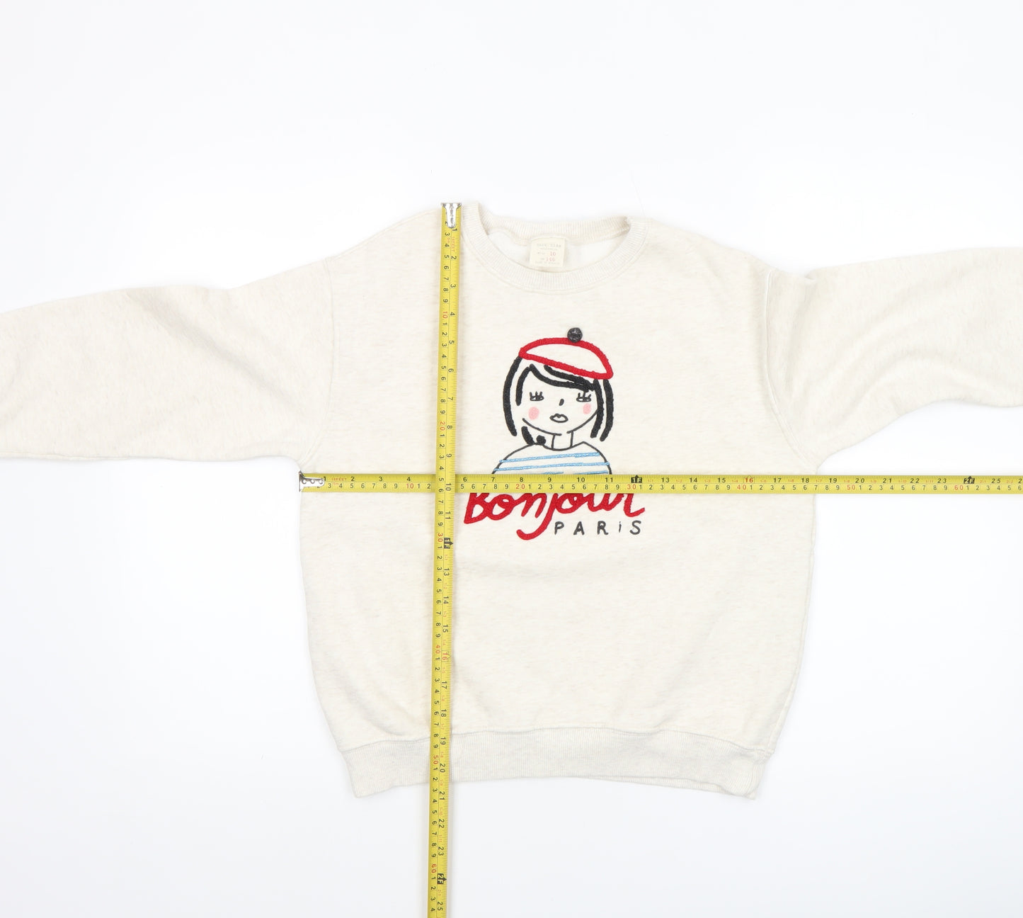 Zara Girls Beige Bonjour Paris Embroidered Pullover Sweatshirt Size 10 Years